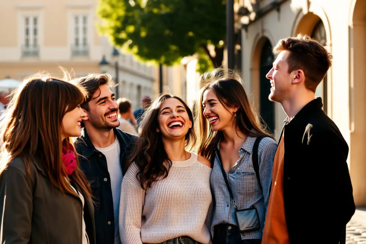 International friends laughing together in a European city